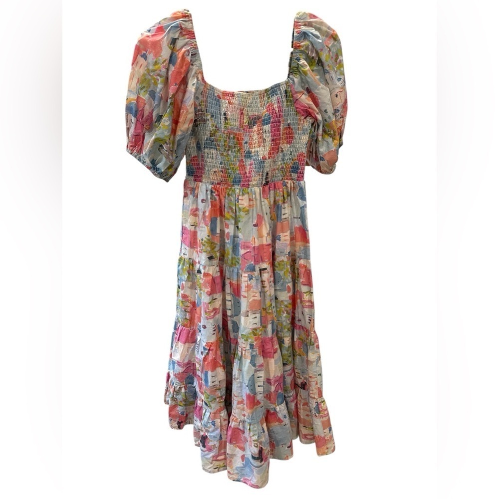 Pinch Pink and Green Smocked Puff Sleeve Tiered Sundress Size M, Pre-Owned EUC